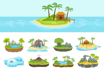 Islands set. Isometric tropical, arctic, island with green palm trees and grove, reeds, volcano, covered with ice with needle, stone buildings, waterfall and bungalows on shore. Vector graphics. © alex_cardo