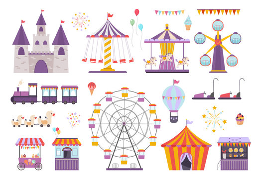 Amusement park set. Colorful carousel with horses, ferris wheel, fun on aroller coaster, orange ice cream tent, children s electric cars, children s train, fireworks and balloon. Vector graphics