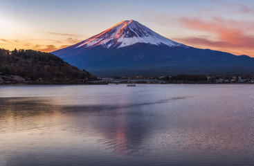 Fuji Mountain Reflection with Twilight Sky at Sunrise, Kawaguchiko Lake, Japan
