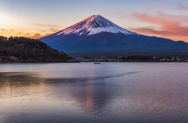 Fototapeta premium Fuji Mountain Reflection with Twilight Sky at Sunrise, Kawaguchiko Lake, Japan