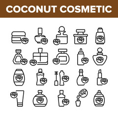 Coconut Cosmetic Pack Collection Icons Set Vector. Coconut Cream Packaging Bottles And Containers, Oil Drop And Lipstick Concept Linear Pictograms. Monochrome Contour Illustrations