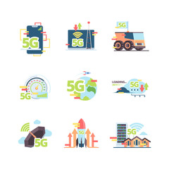 Fototapeta premium Fast 5g internet set. High speed wi-fi in smartphone, laptop, high-speed internet for everyone, global network power amplifier, rise speed technology in any place. Vector graphics in flat style.
