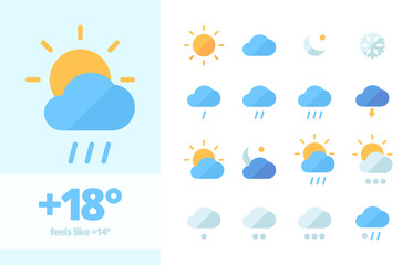 Weather set icon . Climatic fluctuations in world heavy rains lightning cooling cloudy sunny month snowfall snowflake cloudy day clear weather night meteorological forecast. Flat vector icons. - obrazy, fototapety, plakaty