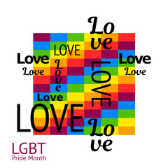 template with LGBTQ Pride Month. Geometric rectangles background, bright rainbow. Love text, words