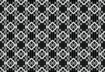 Intricate linear black and white repeating pattern of squares and diamond shapes, vector illustration