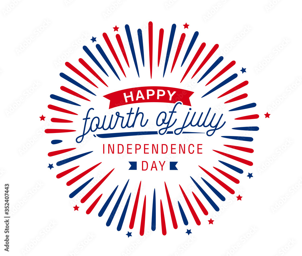 Wall mural Happy fourth of July independence day banner with firework burst ray, July greeting, celebrating freedom use for greeting postcard, sale banner, discount banner, etc. Vector illustration on white back