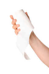 Hand with roll of toilet paper on white background