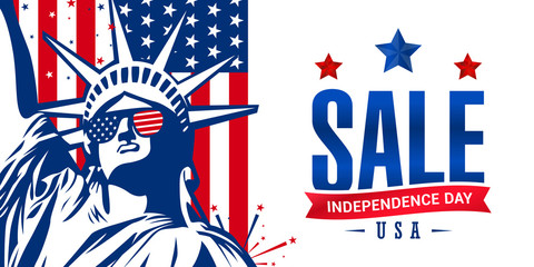 4th of July independence day sale banner with American flag and statue of liberty use for sale banner, discount banner, advertisement banner, etc. Vector design.
