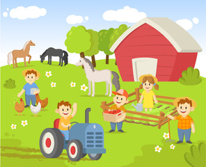 Fototapeta na wymiar Life on a farm with field, trees, tractor, shed, and animals. Colorful flat vector illustration, isolated on white background.
