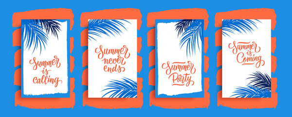 Summertime cards set. Summer season tropical backgrounds with hand drawn lettering summer phrases and palm leaves silhouette. Vector illustration. © FineVector