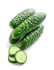 Fresh green cucumbers on white background