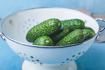 Colander with fresh green cucumbers on color background