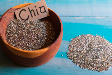 Chaia on blue table, superfood, healthy food