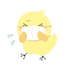 マスクを付けてくしゃみをするひよこ