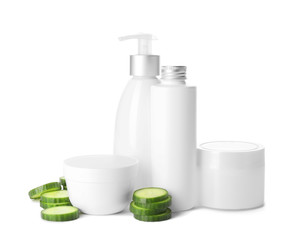 Cosmetics with cucumber extract on white background