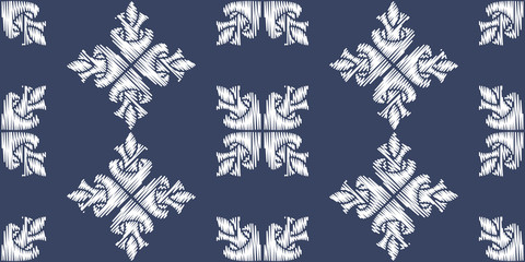 Uzbek ikat silk fabric pattern, motif ethnic indigo blue and white colors. Tite repit pattern
