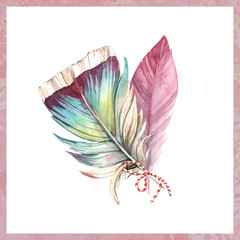 Greeting cards and template made of watercolor feathers, leaves and branches. For invitations, cards, congratulations. Place for your text.
