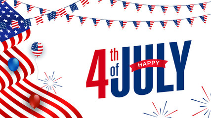 Fototapeta premium Modern Happy 4th of July sale promotion advertising banner template with American balloons, waving American flag, fireworks, garlands décor. Vector illustration.