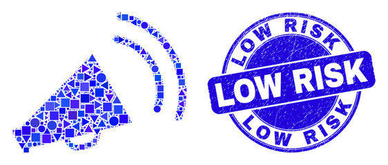 Geometric megaphone sound mosaic pictogram and Low Risk seal stamp. Blue vector rounded textured seal stamp with Low Risk message. Abstract collage of megaphone sound organized of spheric, tringle,