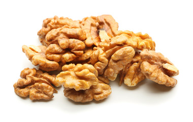 Tasty walnuts on white background