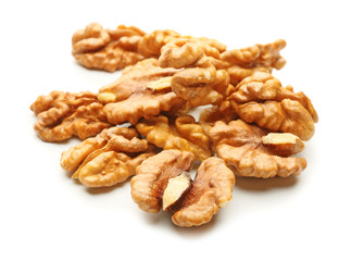 Tasty walnuts on white background