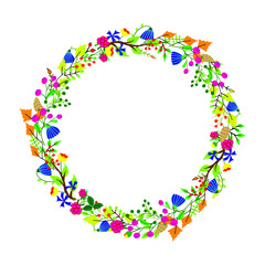 Vector illustration of a round wreath of autumn leaves, ripe wild berries, wildflowers, herbs. Isolated botanical elements drawn by hands on a white background. Design for the harvest festival.