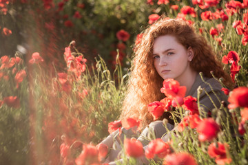 Naklejka premium Young beautiful red-hear girl in red poppy field