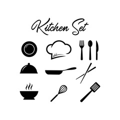 kitchen set tool vector,knife,chopsticks,pan,fork logo design template