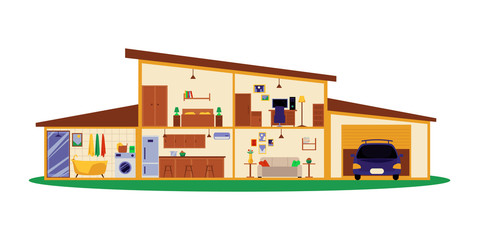 Building interior plan in cross section cut, modern two story house with garage