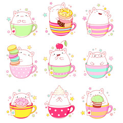 Set of cute cat in tea cup
