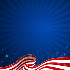 4th July background for American independence day with the USA waving flag and starburst. 4th July greeting card, postcard, sale banner, discount banner, etc. Vector design. - obrazy, fototapety, plakaty