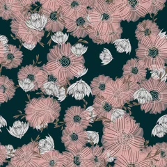 Gordijnen Bloemendesign Simple cute lotus floral bouquet vector pattern with small and medium flowers and leaves.  © WI-tuss