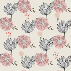 Fashionable cute pattern in native chamomile and lotus  flowers. Flower seamless background for textiles, fabrics, covers, wallpapers, print, gift wrapping or any purpose