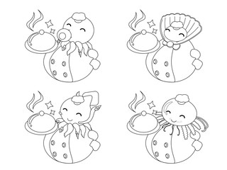 Chef cute cartoon vector seafood of octopus or squid and shellfish and jellyfish hold the serve plate with lid on the hand