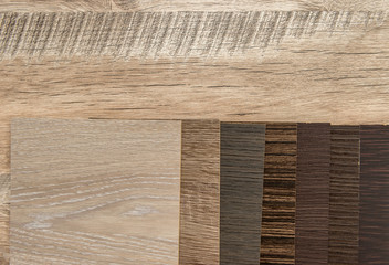 Sampler furniture material dor design or decoration interior. Wood color catalog as texture or pattern. Floor plank for industry.