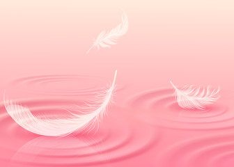 Background with feathers on liquid pink surface realistic vector illustration.