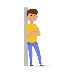 Young Dark-haired Man Leaning Against the Wall with His Arms Crossed and Smiling Vector Illustration