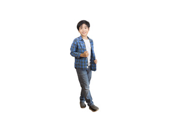 Fototapeta premium A portrait of a cute Asian elementary school boy wearing jeans and a plaid long-sleeved shirt. An isolated image with white background