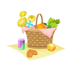 Wicker Picnic Basket or Hamper Full with Foodstuff Rested on Overlay Vector Illustration