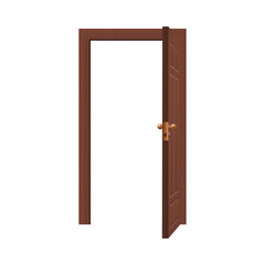 Realistic open door with empty frame isolated on white background