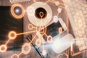Double exposure of social network theme drawing over table with phone. Top view. People connecting concept.