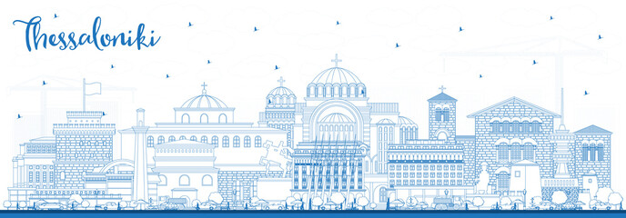Outline Thessaloniki Greece City Skyline with Blue Buildings. - obrazy, fototapety, plakaty