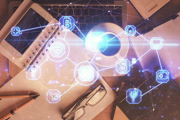 Double exposure of social network theme drawing over table with phone. Top view. People connecting concept.