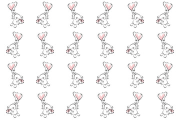Pattern in the form of bears with balloons hearts and a bouquet of flowers on a white background for children. Background, wallpaper. Illustration.