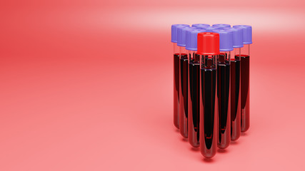 A set of test tubes with blood samples for medical analysis in the red background