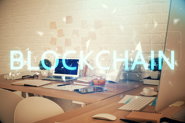 Double exposure of crypto technology theme drawing and office interior background. Concept of blockchain.