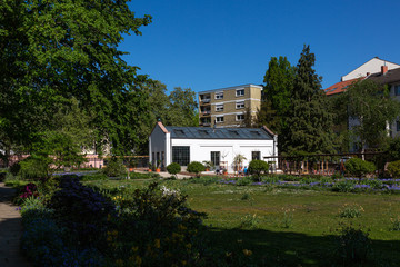 Fototapeta na wymiar Greenhouse and trees in a park