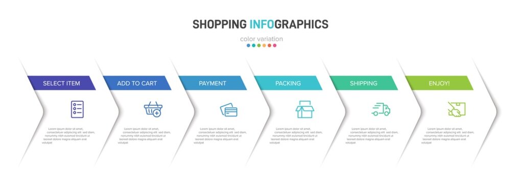Concept of shopping process with 6 successive steps. Six colorful graphic elements. Timeline design for brochure, presentation, web site. Infographic design layout.