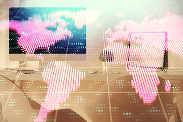 Double exposure of business theme drawing and office interior background. Concept of success