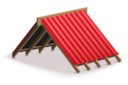 Red metal roofing cover on the roof. Element concept for building construction and repair. Vector Illustration isolated on white background.